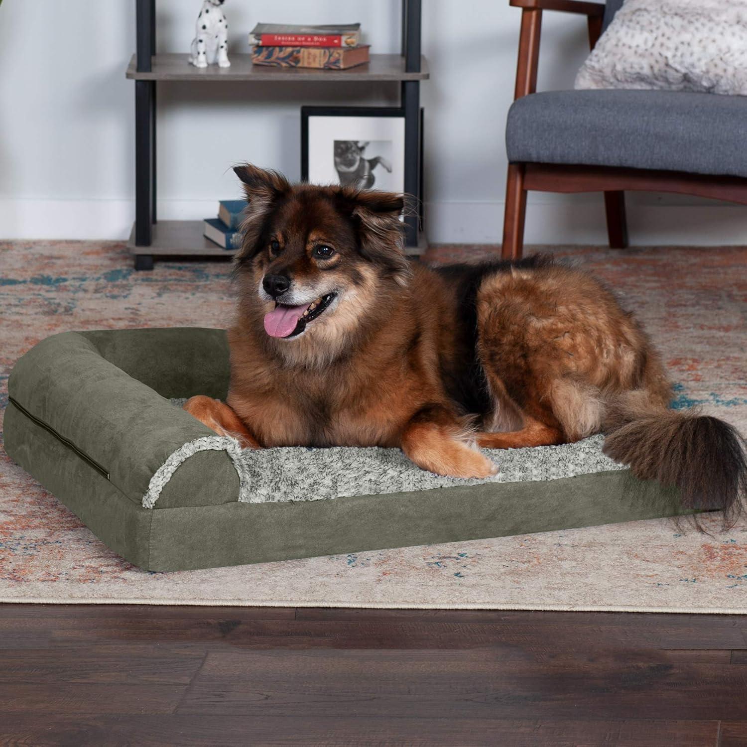 imageFurhaven Memory Foam Dog Bed for MediumSmall Dogs w Removable Bolsters ampamp Washable Cover For Dogs Up to 35 lbs TwoTone Plush Faux Fur ampamp Suede L Shaped Chaise Stone Gray MediumQuilted Paw Iceberg Green