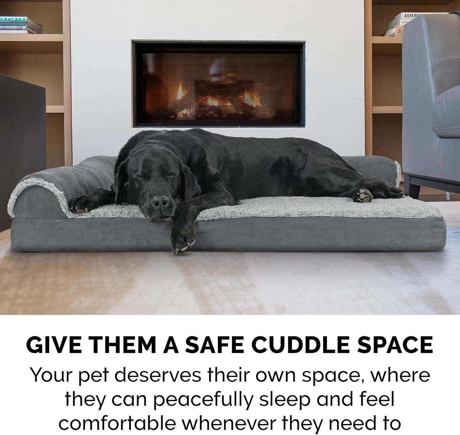 imageFurhaven Memory Foam Dog Bed for MediumSmall Dogs w Removable Bolsters ampamp Washable Cover For Dogs Up to 35 lbs TwoTone Plush Faux Fur ampamp Suede L Shaped Chaise Stone Gray MediumQuilted Paw Bluestone