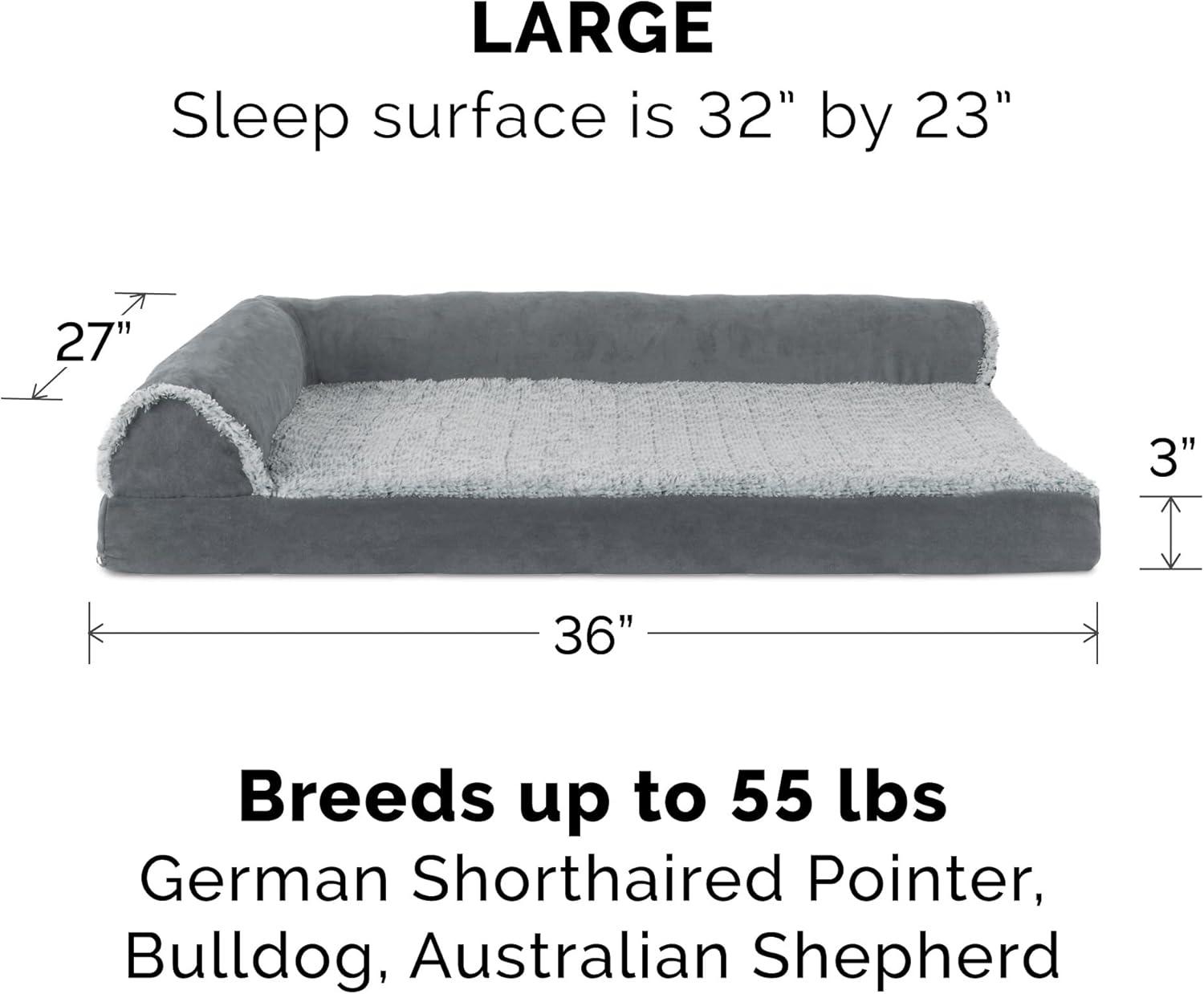 imageFurhaven Memory Foam Dog Bed for MediumSmall Dogs w Removable Bolsters ampamp Washable Cover For Dogs Up to 35 lbs TwoTone Plush Faux Fur ampamp Suede L Shaped Chaise Stone Gray MediumTwoTone Faux Fur Suede Stone Gray