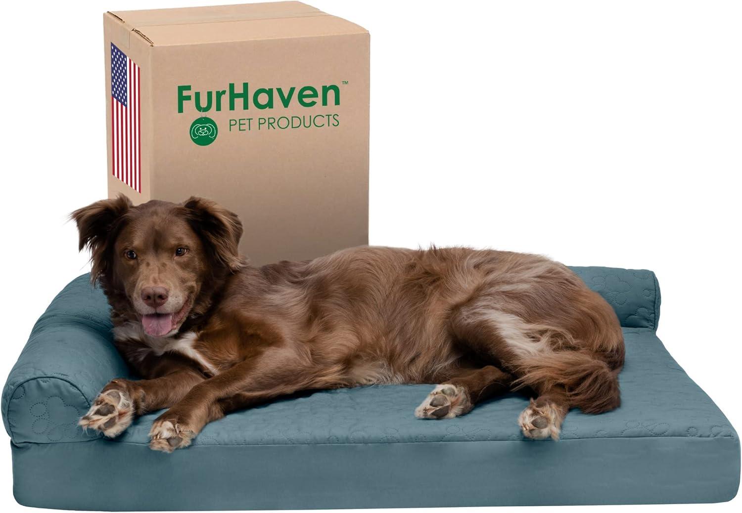 imageFurhaven Memory Foam Dog Bed for MediumSmall Dogs w Removable Bolsters ampamp Washable Cover For Dogs Up to 35 lbs TwoTone Plush Faux Fur ampamp Suede L Shaped Chaise Stone Gray MediumTwoTone Faux Fur Suede Stone Gray