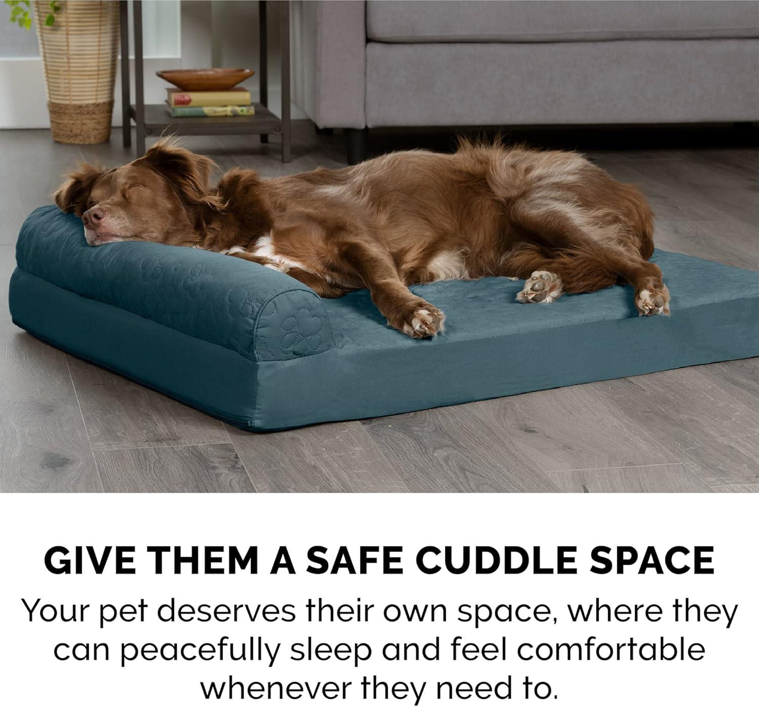 imageFurhaven Memory Foam Dog Bed for MediumSmall Dogs w Removable Bolsters ampamp Washable Cover For Dogs Up to 35 lbs TwoTone Plush Faux Fur ampamp Suede L Shaped Chaise Stone Gray MediumTwoTone Faux Fur Suede Stone Gray