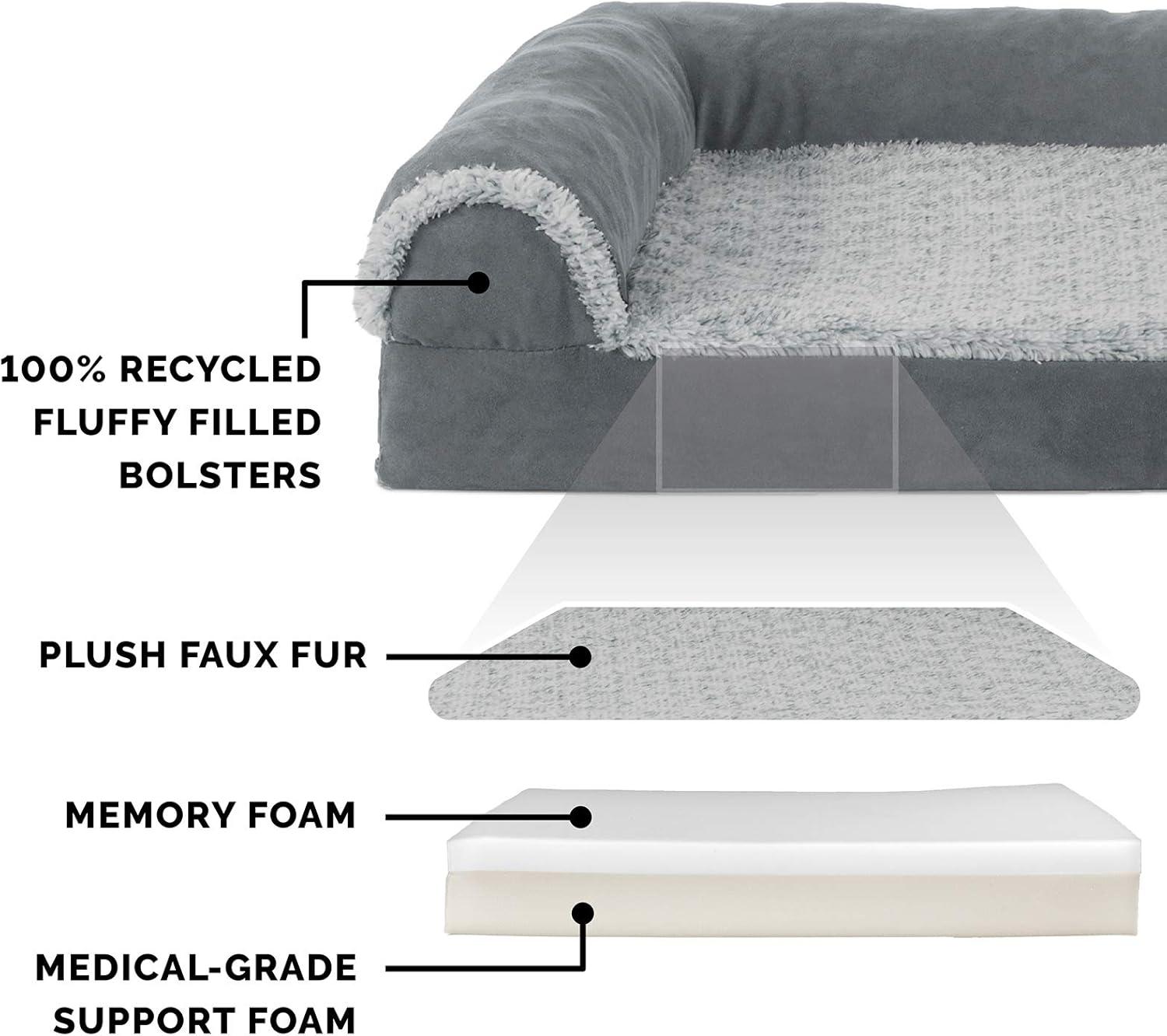 imageFurhaven Memory Foam Dog Bed for MediumSmall Dogs w Removable Bolsters ampamp Washable Cover For Dogs Up to 35 lbs TwoTone Plush Faux Fur ampamp Suede L Shaped Chaise Stone Gray MediumQuilted Paw Bluestone
