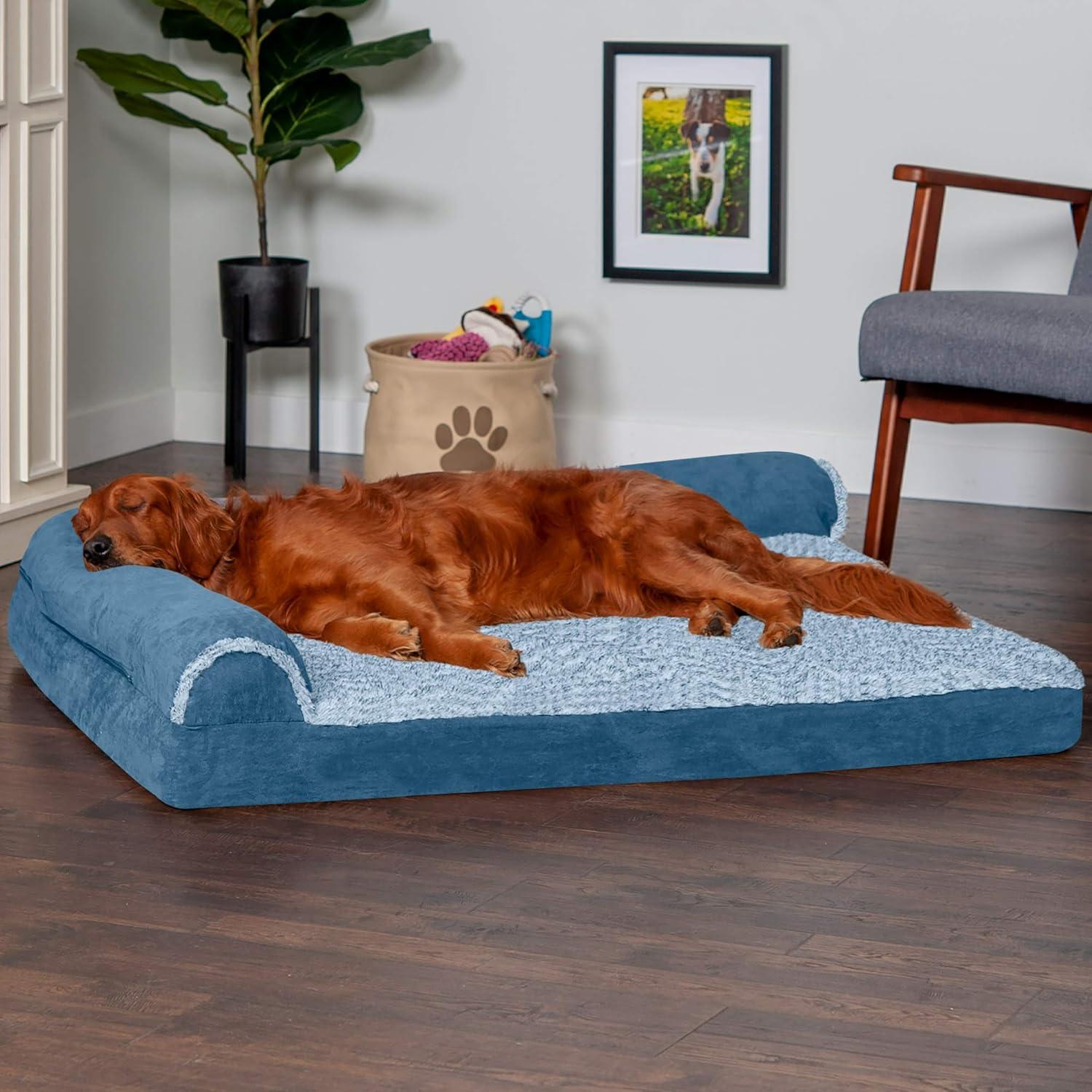 imageFurhaven Memory Foam Dog Bed for MediumSmall Dogs w Removable Bolsters ampamp Washable Cover For Dogs Up to 35 lbs TwoTone Plush Faux Fur ampamp Suede L Shaped Chaise Stone Gray MediumTwoTone Faux Fur Suede Marine Blu