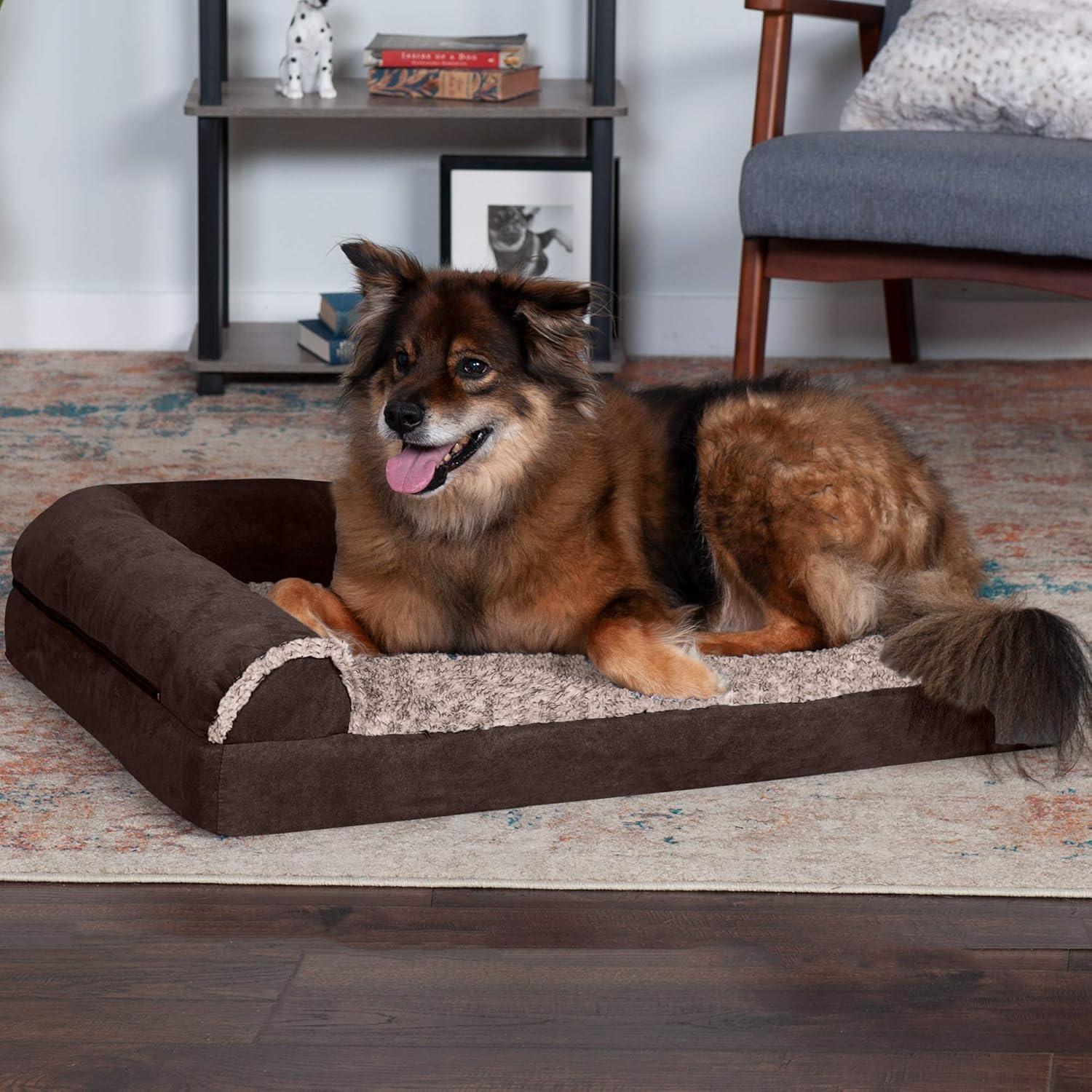 imageFurhaven Memory Foam Dog Bed for MediumSmall Dogs w Removable Bolsters ampamp Washable Cover For Dogs Up to 35 lbs TwoTone Plush Faux Fur ampamp Suede L Shaped Chaise Stone Gray MediumPlush Velvet Platinum Gray