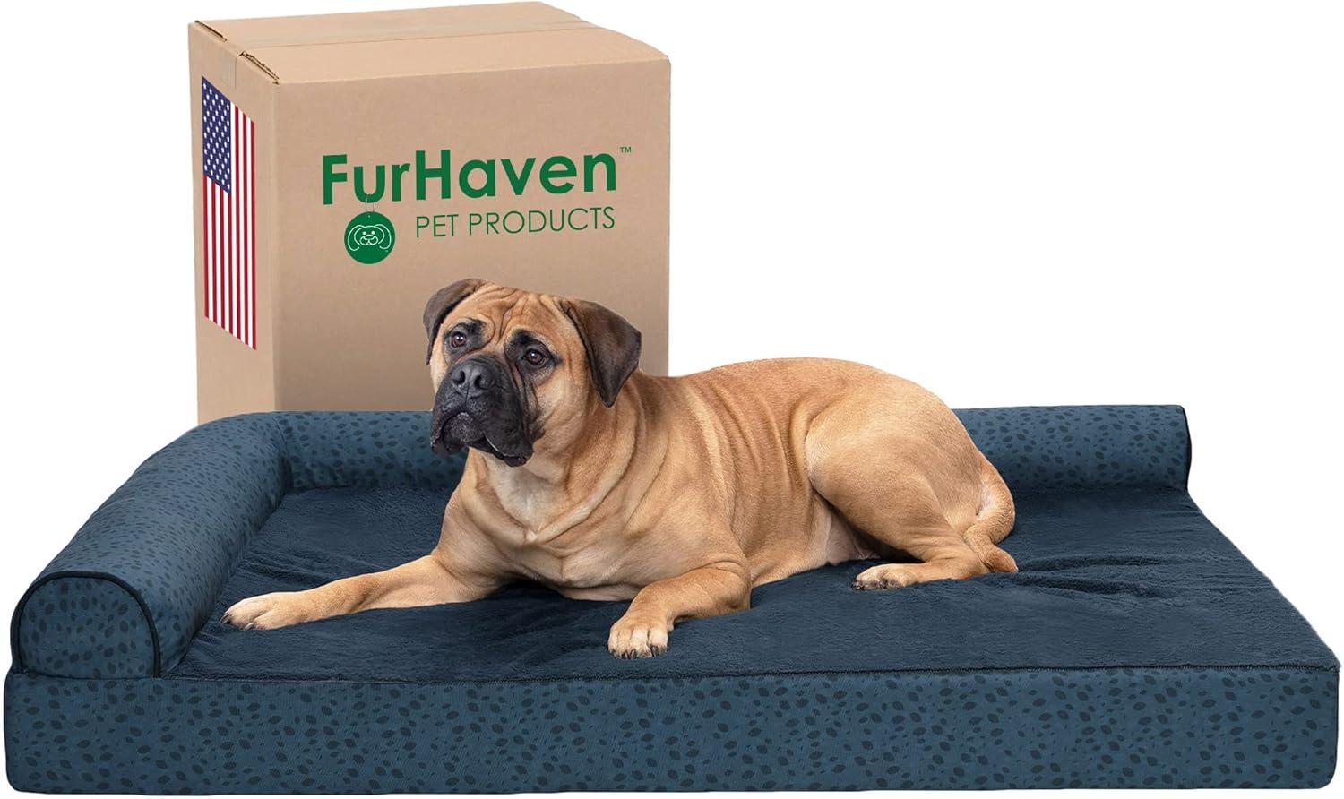 imageFurhaven Memory Foam Dog Bed for MediumSmall Dogs w Removable Bolsters ampamp Washable Cover For Dogs Up to 35 lbs TwoTone Plush Faux Fur ampamp Suede L Shaped Chaise Stone Gray MediumTwoTone Faux Fur Suede Dark Sage