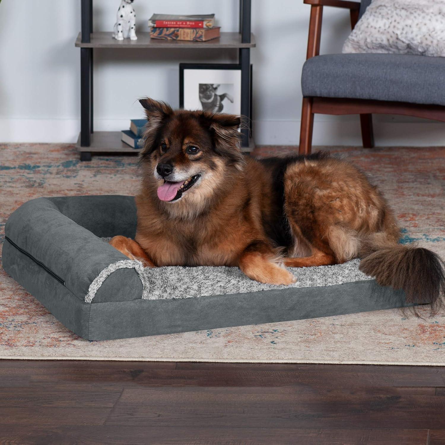 imageFurhaven Memory Foam Dog Bed for MediumSmall Dogs w Removable Bolsters ampamp Washable Cover For Dogs Up to 35 lbs TwoTone Plush Faux Fur ampamp Suede L Shaped Chaise Stone Gray MediumTwoTone Faux Fur Suede Stone Gray
