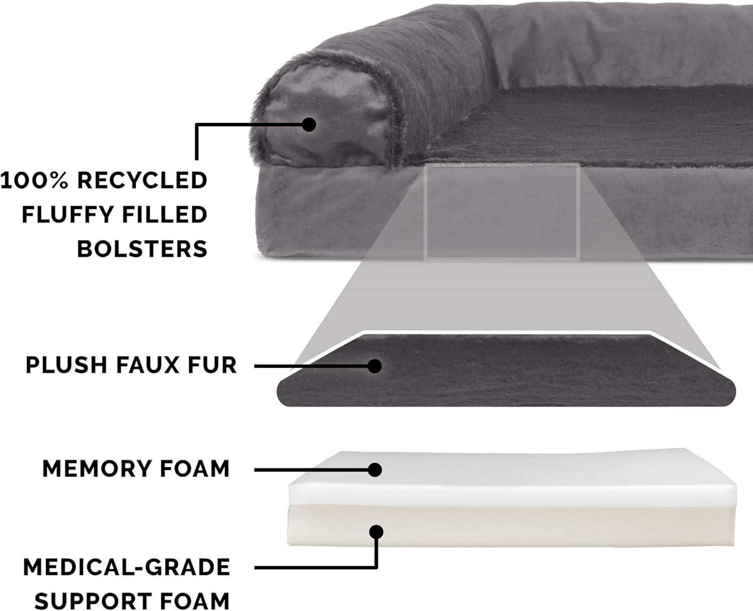 imageFurhaven Memory Foam Dog Bed for MediumSmall Dogs w Removable Bolsters ampamp Washable Cover For Dogs Up to 35 lbs TwoTone Plush Faux Fur ampamp Suede L Shaped Chaise Stone Gray MediumPlush Velvet Deep Sapphire