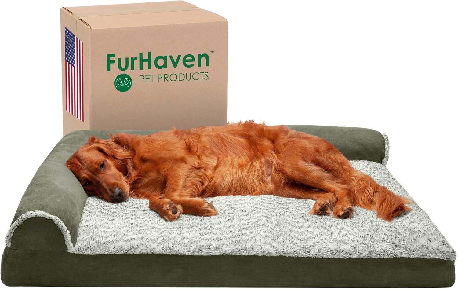 imageFurhaven Memory Foam Dog Bed for MediumSmall Dogs w Removable Bolsters ampamp Washable Cover For Dogs Up to 35 lbs TwoTone Plush Faux Fur ampamp Suede L Shaped Chaise Stone Gray MediumQuilted Paw Titanium