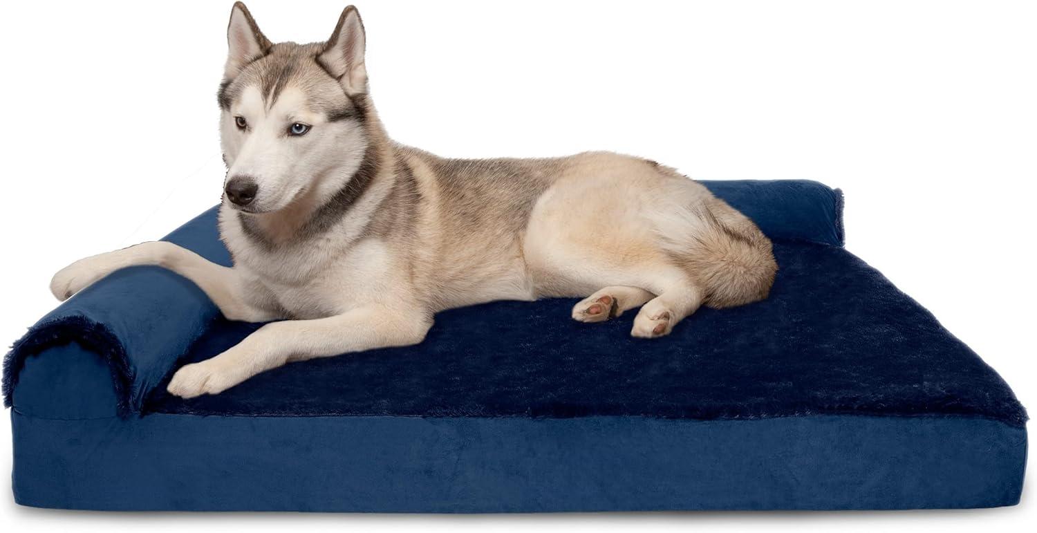 imageFurhaven Memory Foam Dog Bed for MediumSmall Dogs w Removable Bolsters ampamp Washable Cover For Dogs Up to 35 lbs TwoTone Plush Faux Fur ampamp Suede L Shaped Chaise Stone Gray MediumQuilted Paw Titanium