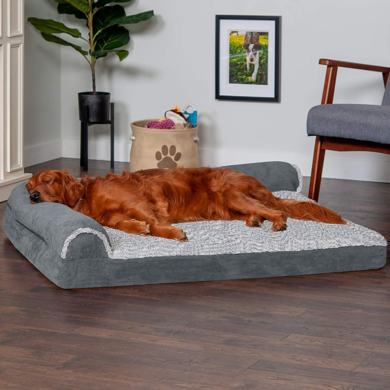 imageFurhaven Memory Foam Dog Bed for MediumSmall Dogs w Removable Bolsters ampamp Washable Cover For Dogs Up to 35 lbs TwoTone Plush Faux Fur ampamp Suede L Shaped Chaise Stone Gray MediumQuilted Paw Bluestone