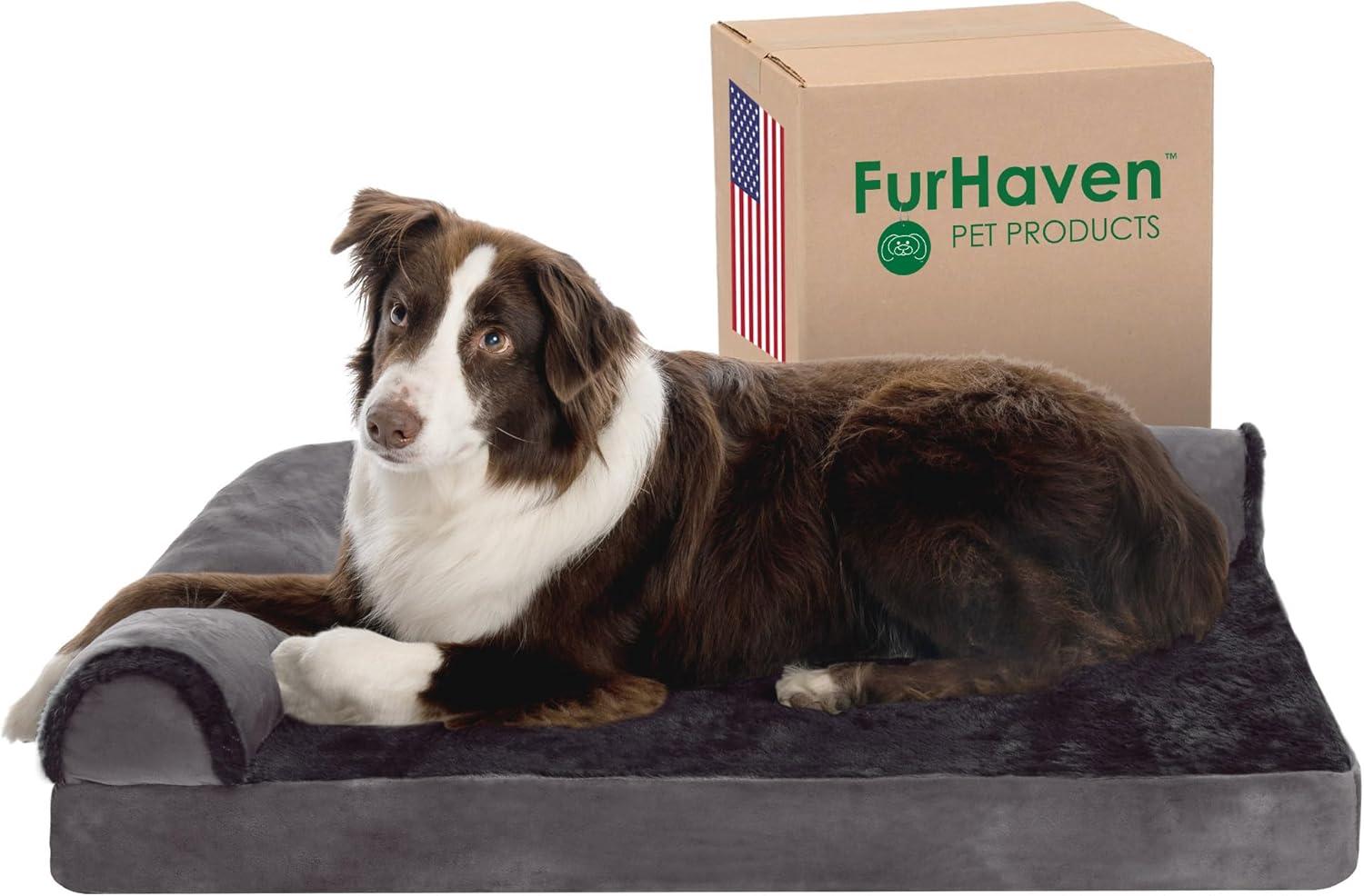 imageFurhaven Memory Foam Dog Bed for MediumSmall Dogs w Removable Bolsters ampamp Washable Cover For Dogs Up to 35 lbs TwoTone Plush Faux Fur ampamp Suede L Shaped Chaise Stone Gray MediumTwoTone Faux Fur Suede Espresso