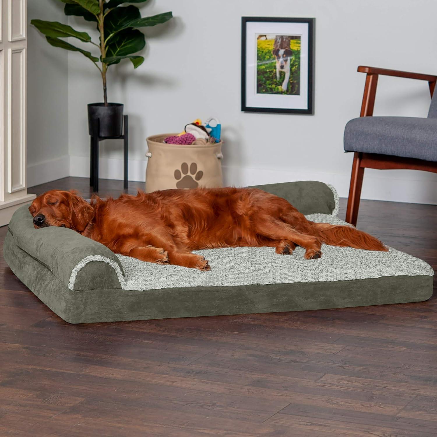 imageFurhaven Memory Foam Dog Bed for MediumSmall Dogs w Removable Bolsters ampamp Washable Cover For Dogs Up to 35 lbs TwoTone Plush Faux Fur ampamp Suede L Shaped Chaise Stone Gray MediumQuilted Paw Titanium