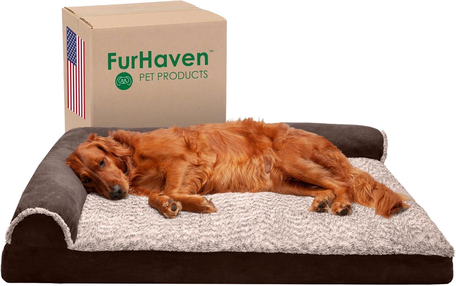 imageFurhaven Memory Foam Dog Bed for MediumSmall Dogs w Removable Bolsters ampamp Washable Cover For Dogs Up to 35 lbs TwoTone Plush Faux Fur ampamp Suede L Shaped Chaise Stone Gray MediumPlush Almond Print Blue Almonds