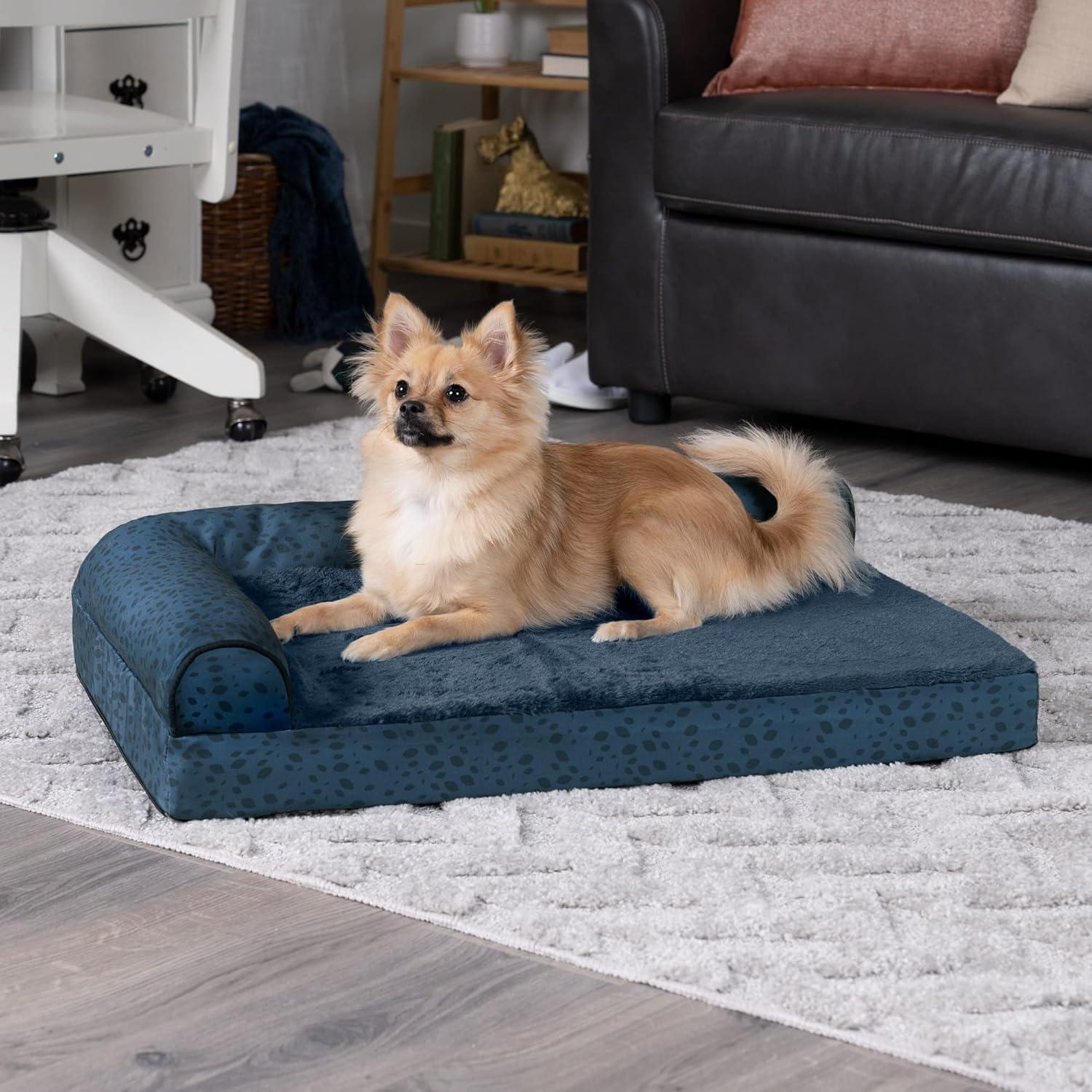 imageFurhaven Memory Foam Dog Bed for MediumSmall Dogs w Removable Bolsters ampamp Washable Cover For Dogs Up to 35 lbs TwoTone Plush Faux Fur ampamp Suede L Shaped Chaise Stone Gray MediumPlush Almond Print Blue Almonds