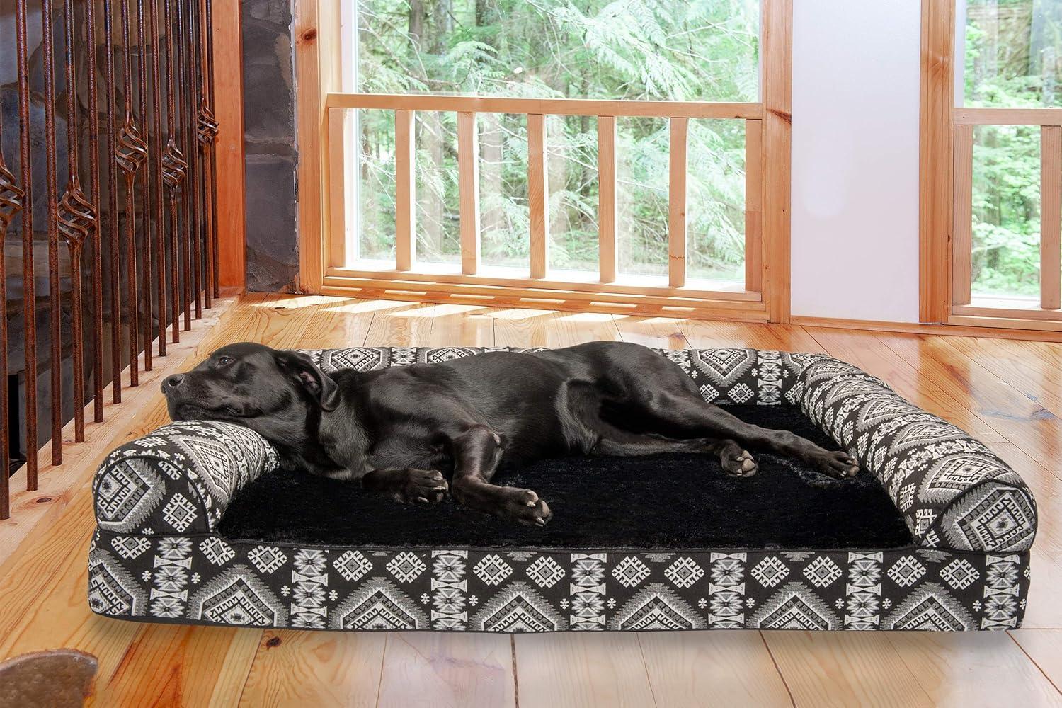 imageFurhaven Orthopedic Dog Bed for Large Dogs w Removable Bolsters ampamp Washable Cover For Dogs Up to 125 lbs Plush ampamp Southwest Kilim Woven Decor Sofa Black Medallion Jumbo PlusXXL