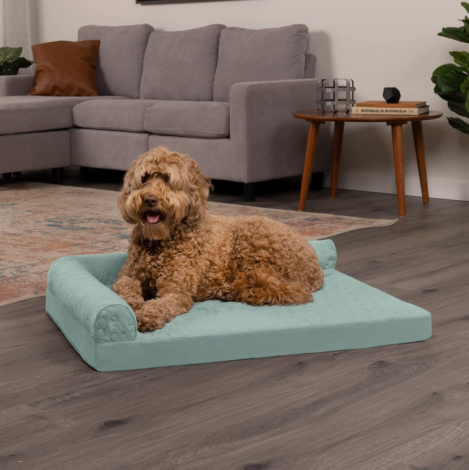 imageFurhaven Orthopedic Dog Bed for Large Dogs w Removable Bolsters ampamp Washable Cover For Dogs Up to 125 lbs Plush ampamp Velvet L Shaped Chaise Platinum Gray Jumbo PlusXXLIceberg Green
