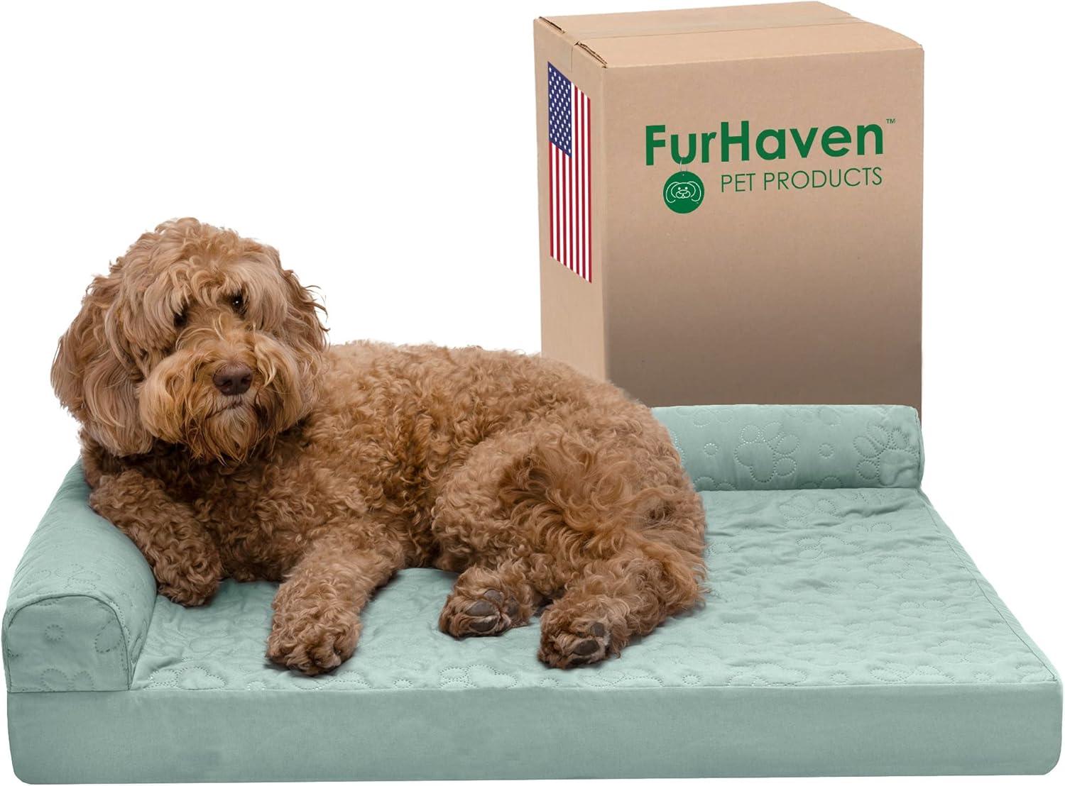 imageFurhaven Orthopedic Dog Bed for Large Dogs w Removable Bolsters ampamp Washable Cover For Dogs Up to 125 lbs Plush ampamp Velvet L Shaped Chaise Platinum Gray Jumbo PlusXXLIceberg Green