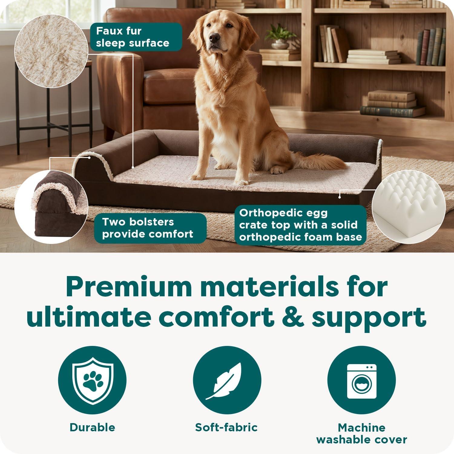imageFurhaven Orthopedic Dog Bed for Large Dogs w Removable Bolsters ampamp Washable Cover For Dogs Up to 125 lbs Plush ampamp Velvet L Shaped Chaise Platinum Gray Jumbo PlusXXLDark Sage