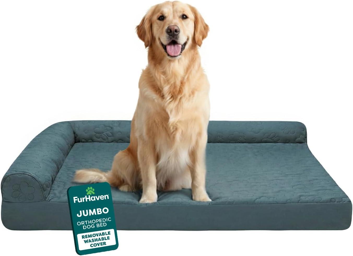 imageFurhaven Orthopedic Dog Bed for Large Dogs w Removable Bolsters ampamp Washable Cover For Dogs Up to 125 lbs Plush ampamp Velvet L Shaped Chaise Platinum Gray Jumbo PlusXXLBluestone