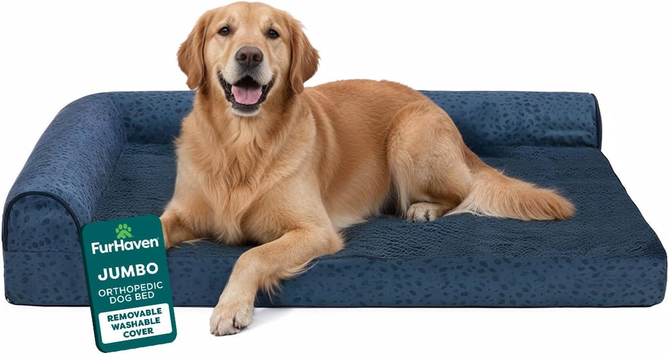 imageFurhaven Orthopedic Dog Bed for Large Dogs w Removable Bolsters ampamp Washable Cover For Dogs Up to 125 lbs Plush ampamp Velvet L Shaped Chaise Platinum Gray Jumbo PlusXXLBlue Almonds