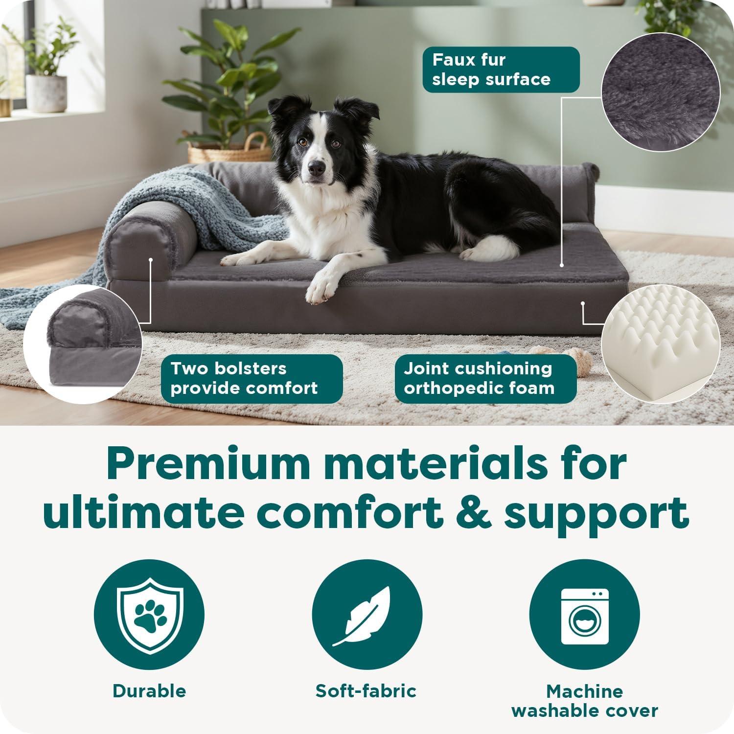 imageFurhaven Orthopedic Dog Bed for Large Dogs w Removable Bolsters ampamp Washable Cover For Dogs Up to 125 lbs Plush ampamp Velvet L Shaped Chaise Platinum Gray Jumbo PlusXXLPlatinum Gray