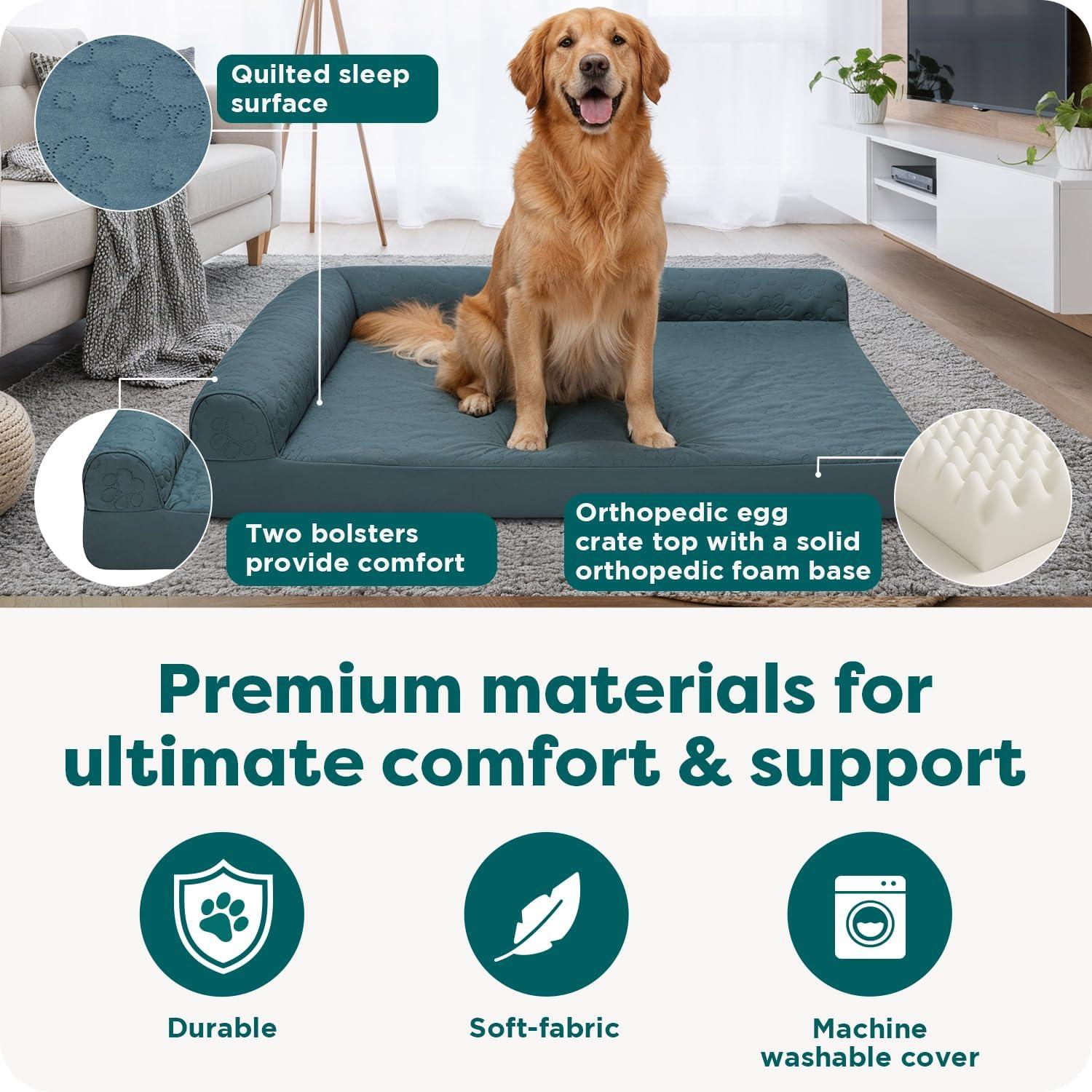 imageFurhaven Orthopedic Dog Bed for Large Dogs w Removable Bolsters ampamp Washable Cover For Dogs Up to 125 lbs Plush ampamp Velvet L Shaped Chaise Platinum Gray Jumbo PlusXXLBluestone