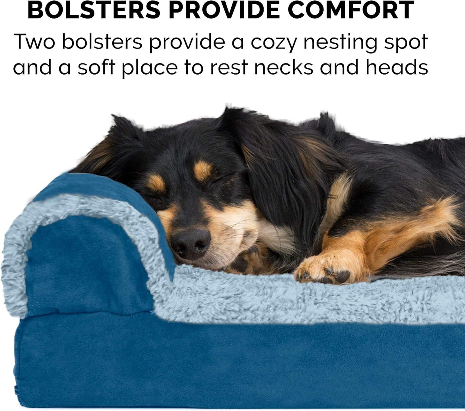 imageFurhaven Orthopedic Dog Bed for Large Dogs w Removable Bolsters ampamp Washable Cover For Dogs Up to 125 lbs TwoTone Plush Faux Fur ampamp Suede L Shaped Chaise Marine Blue Jumbo PlusXXLMarine Blue