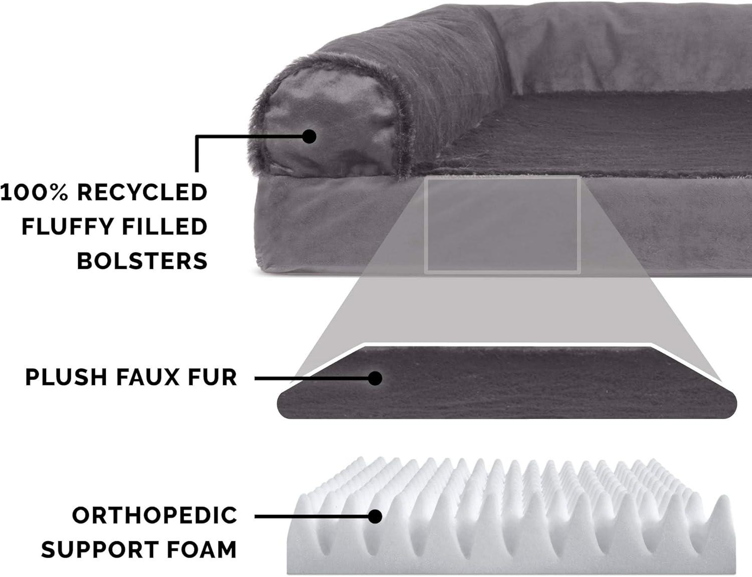 imageFurhaven Orthopedic Dog Bed for Large Dogs w Removable Bolsters ampamp Washable Cover For Dogs Up to 125 lbs TwoTone Plush Faux Fur ampamp Suede L Shaped Chaise Marine Blue Jumbo PlusXXLPlatinum Gray