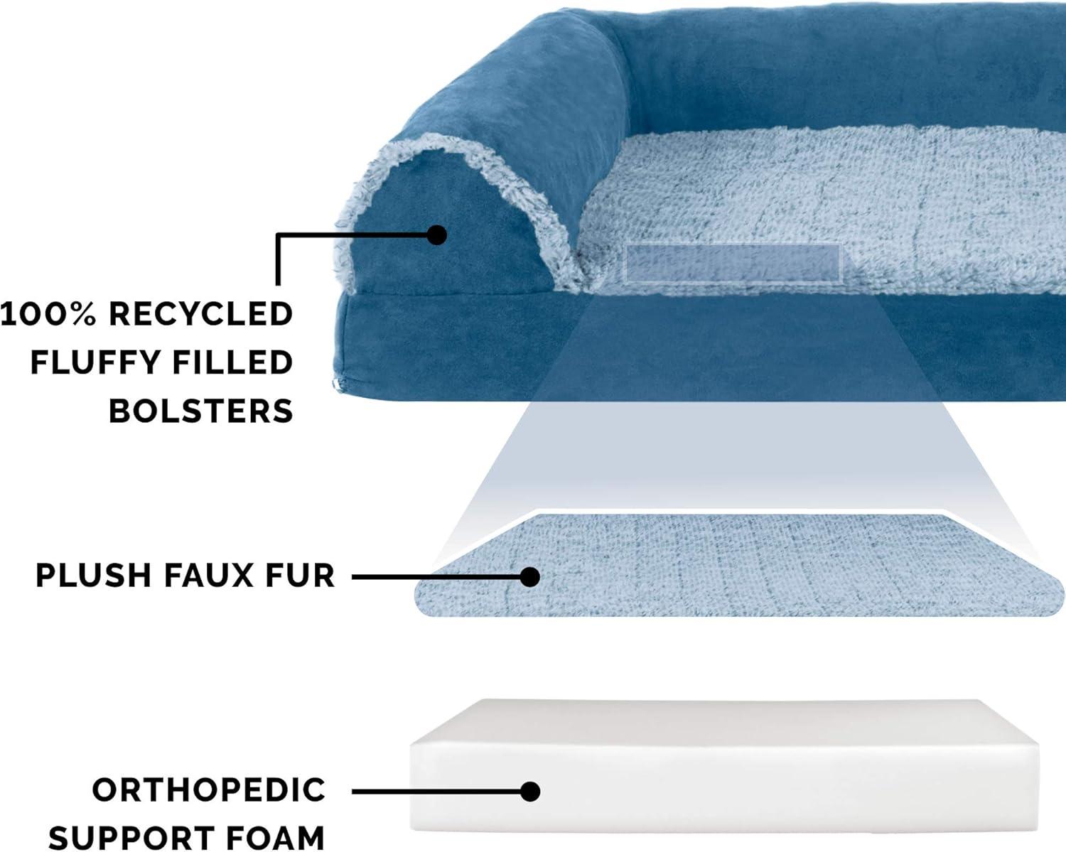 imageFurhaven Orthopedic Dog Bed for Large Dogs w Removable Bolsters ampamp Washable Cover For Dogs Up to 125 lbs TwoTone Plush Faux Fur ampamp Suede L Shaped Chaise Marine Blue Jumbo PlusXXLMarine Blue