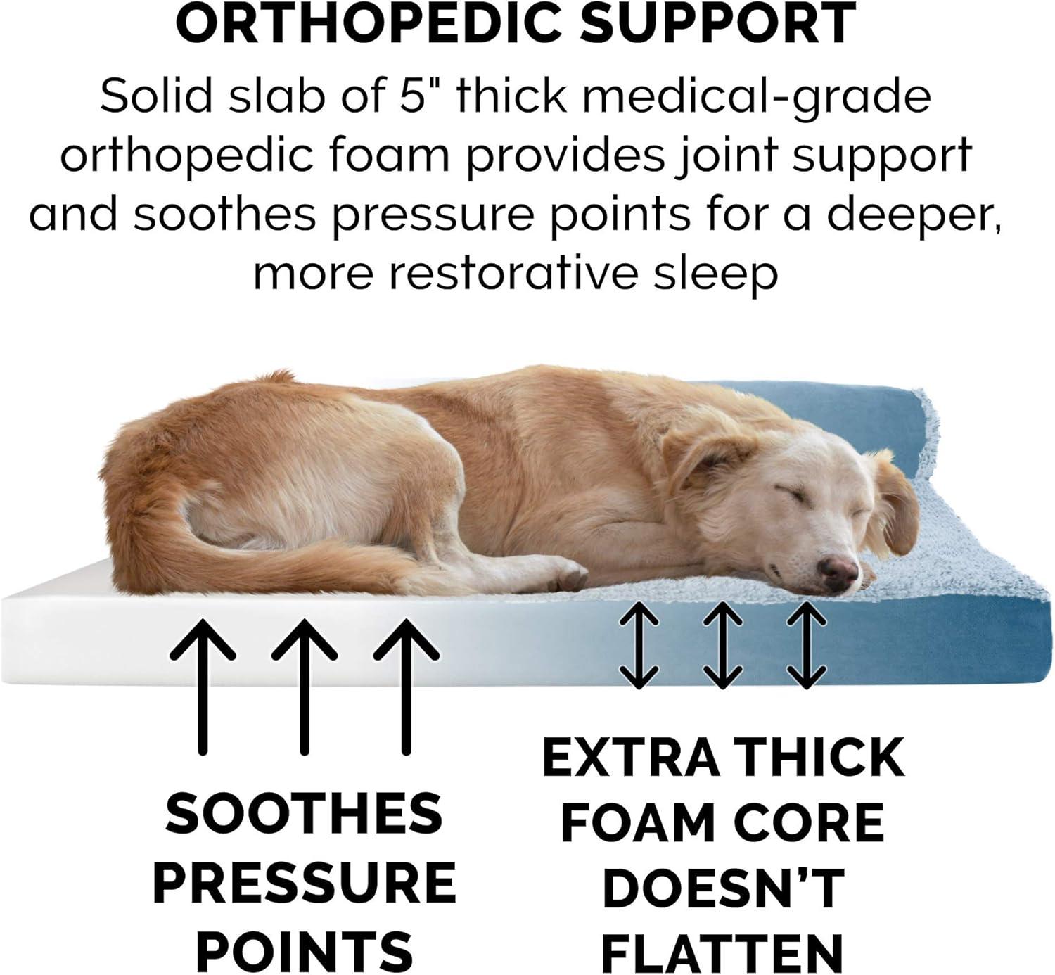 imageFurhaven Orthopedic Dog Bed for Large Dogs w Removable Bolsters ampamp Washable Cover For Dogs Up to 125 lbs TwoTone Plush Faux Fur ampamp Suede L Shaped Chaise Marine Blue Jumbo PlusXXLMarine Blue