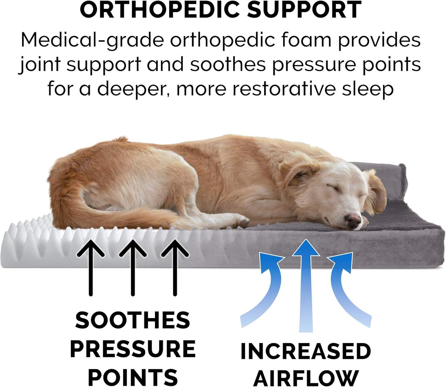 imageFurhaven Orthopedic Dog Bed for Large Dogs w Removable Bolsters ampamp Washable Cover For Dogs Up to 125 lbs TwoTone Plush Faux Fur ampamp Suede L Shaped Chaise Marine Blue Jumbo PlusXXLPlatinum Gray