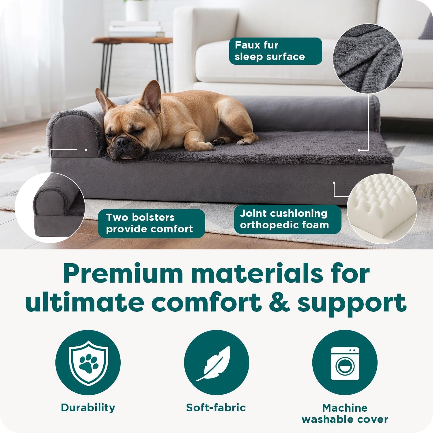 imageFurhaven Orthopedic Dog Bed for Large Dogs w Removable Bolsters ampamp Washable Cover For Dogs Up to 95 lbs Plush ampamp Velvet L Shaped Chaise Sable Brown JumboXLPlatinum Gray