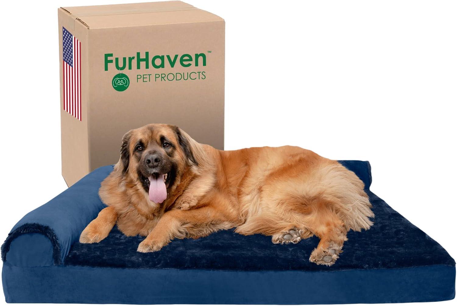 imageFurhaven Orthopedic Dog Bed for Large Dogs w Removable Bolsters ampamp Washable Cover For Dogs Up to 95 lbs Plush ampamp Velvet L Shaped Chaise Sable Brown JumboXLDeep Sapphire
