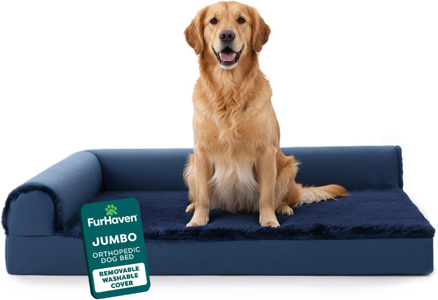 imageFurhaven Orthopedic Dog Bed for Large Dogs w Removable Bolsters ampamp Washable Cover For Dogs Up to 95 lbs Plush ampamp Velvet L Shaped Chaise Sable Brown JumboXLDeep Sapphire