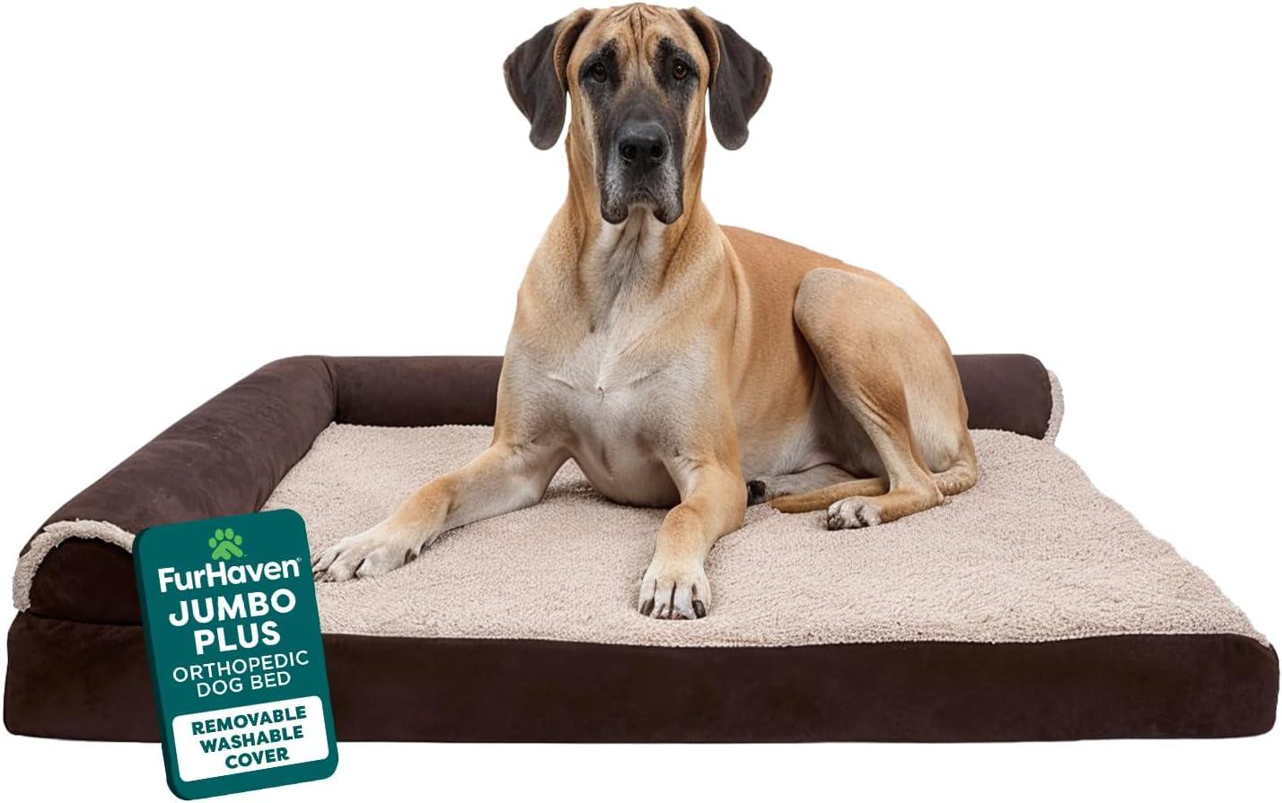 imageFurhaven Orthopedic Dog Bed for Large Dogs w Removable Bolsters ampamp Washable Cover For Dogs Up to 95 lbs Plush ampamp Velvet L Shaped Chaise Sable Brown JumboXLEspresso