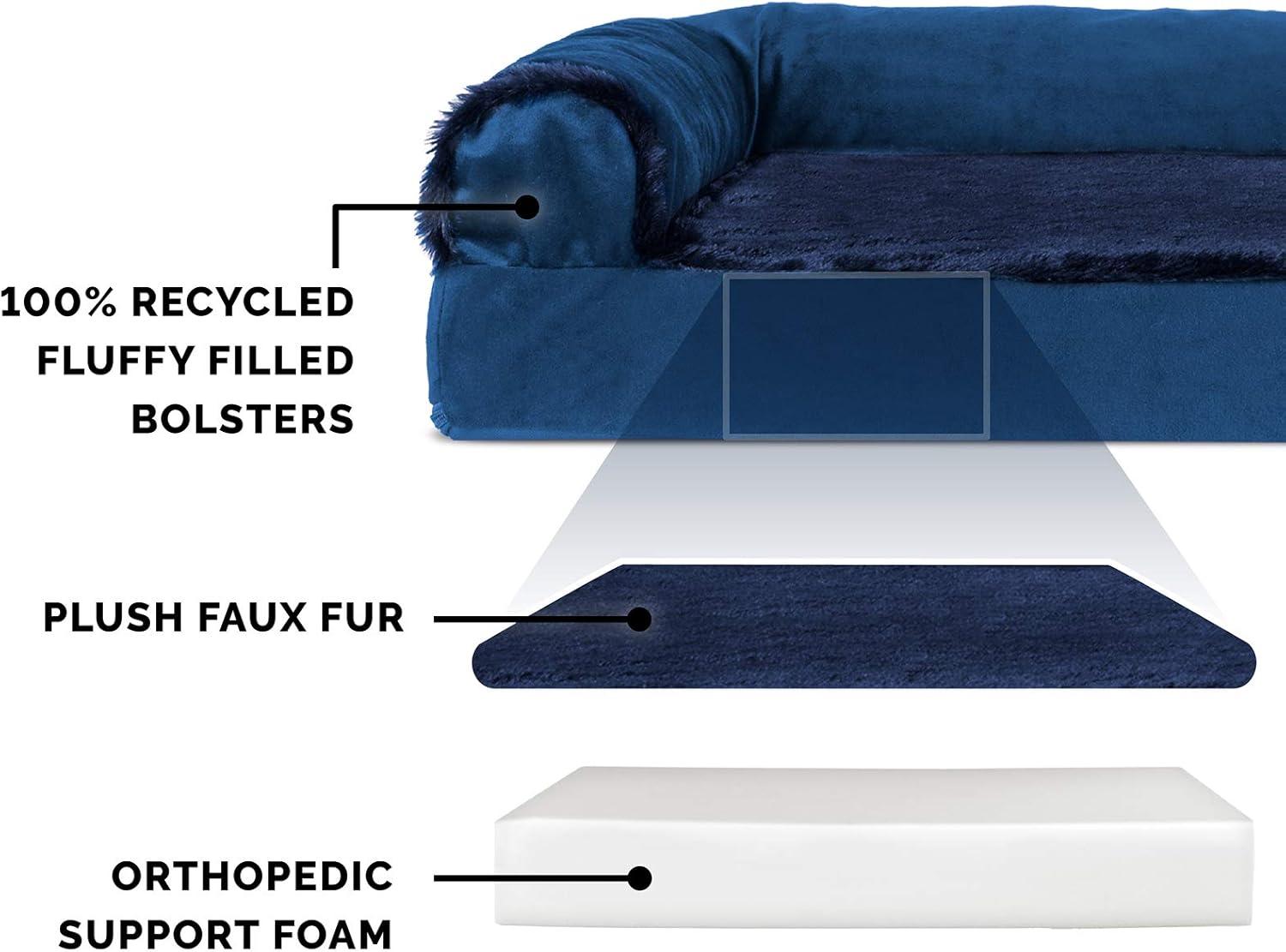 imageFurhaven Orthopedic Dog Bed for Large Dogs w Removable Bolsters ampamp Washable Cover For Dogs Up to 95 lbs Plush ampamp Velvet L Shaped Chaise Sable Brown JumboXLDeep Sapphire