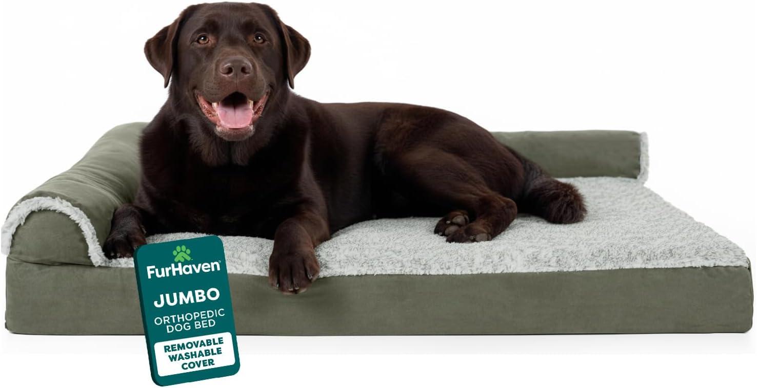 imageFurhaven Orthopedic Dog Bed for Large Dogs w Removable Bolsters ampamp Washable Cover For Dogs Up to 95 lbs Plush ampamp Velvet L Shaped Chaise Sable Brown JumboXLDark Sage