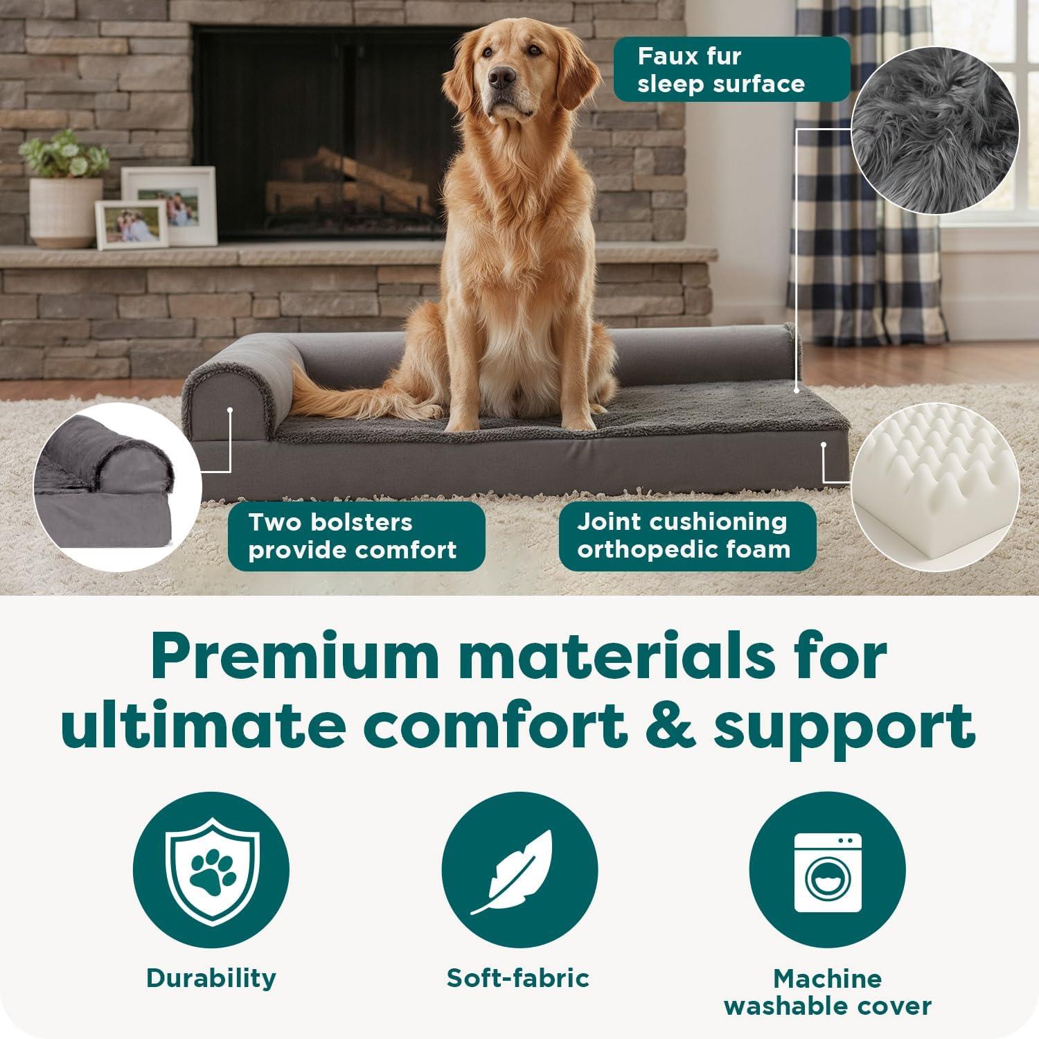 imageFurhaven Orthopedic Dog Bed for Large Dogs w Removable Bolsters ampamp Washable Cover For Dogs Up to 95 lbs Plush ampamp Velvet L Shaped Chaise Sable Brown JumboXLPlatinum Gray