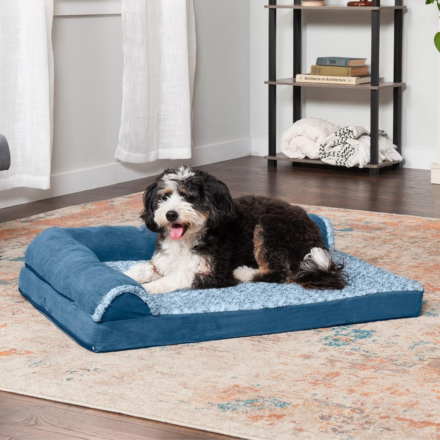 imageFurhaven Orthopedic Dog Bed for Large Dogs w Removable Bolsters ampamp Washable Cover For Dogs Up to 95 lbs Plush ampamp Velvet L Shaped Chaise Sable Brown JumboXLMarine Blue