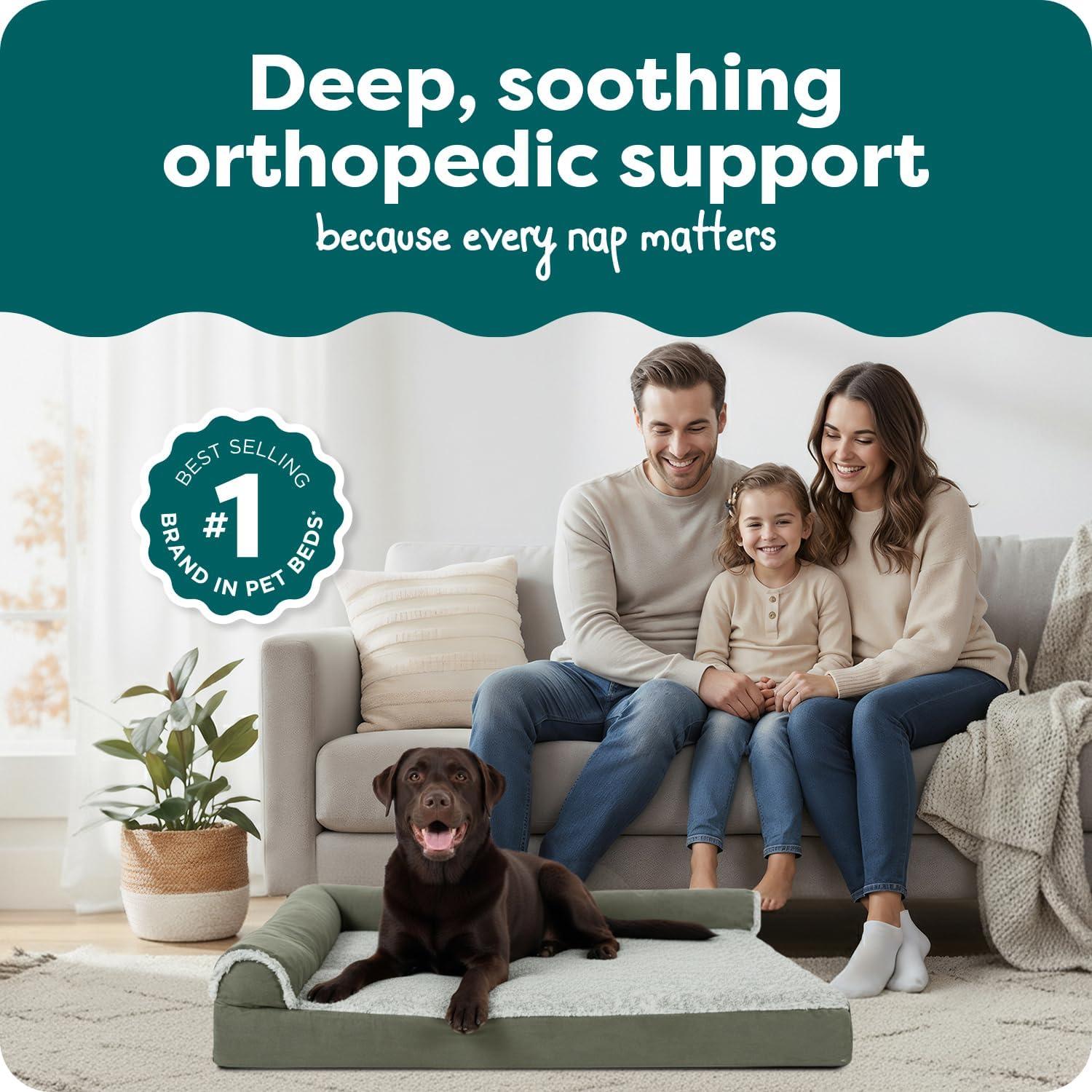 imageFurhaven Orthopedic Dog Bed for Large Dogs w Removable Bolsters ampamp Washable Cover For Dogs Up to 95 lbs Plush ampamp Velvet L Shaped Chaise Sable Brown JumboXLDark Sage