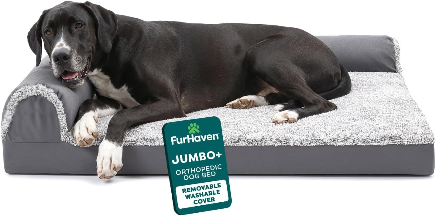 imageFurhaven Orthopedic Dog Bed for Large Dogs w Removable Bolsters ampamp Washable Cover For Dogs Up to 95 lbs Plush ampamp Velvet L Shaped Chaise Sable Brown JumboXLStone Gray
