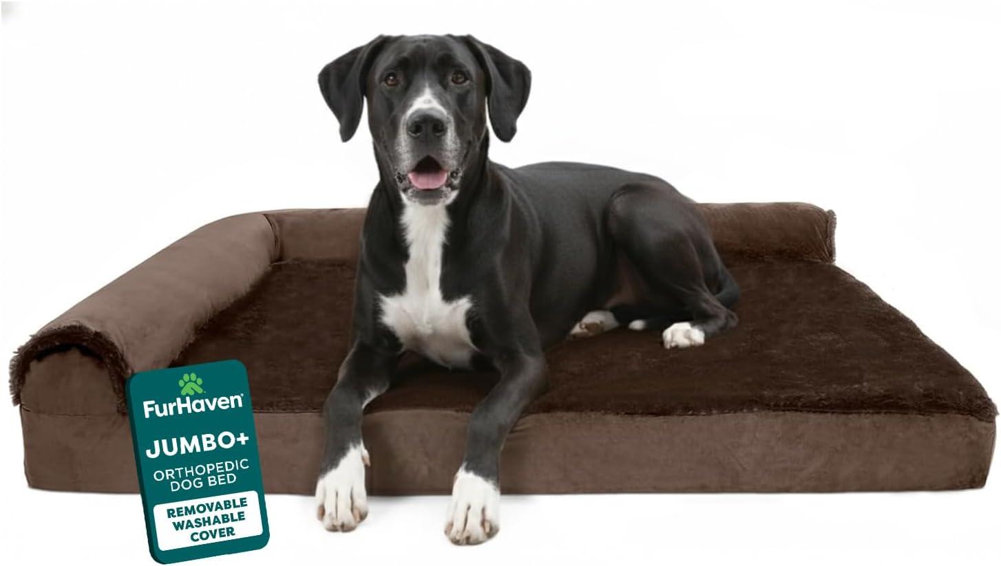 imageFurhaven Orthopedic Dog Bed for Large Dogs w Removable Bolsters ampamp Washable Cover For Dogs Up to 95 lbs Plush ampamp Velvet L Shaped Chaise Sable Brown JumboXLSable Brown