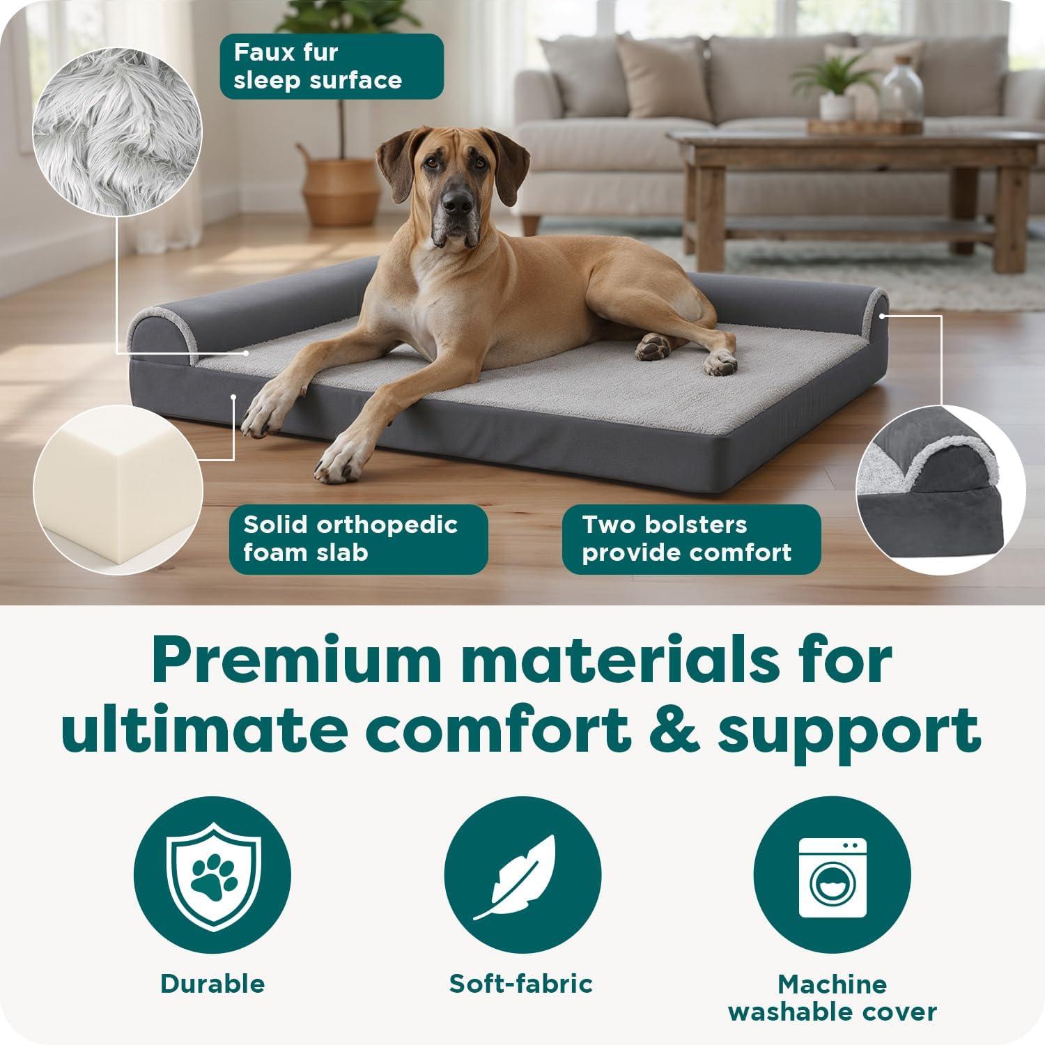 imageFurhaven Orthopedic Dog Bed for Large Dogs w Removable Bolsters ampamp Washable Cover For Dogs Up to 95 lbs Plush ampamp Velvet L Shaped Chaise Sable Brown JumboXLSable Brown