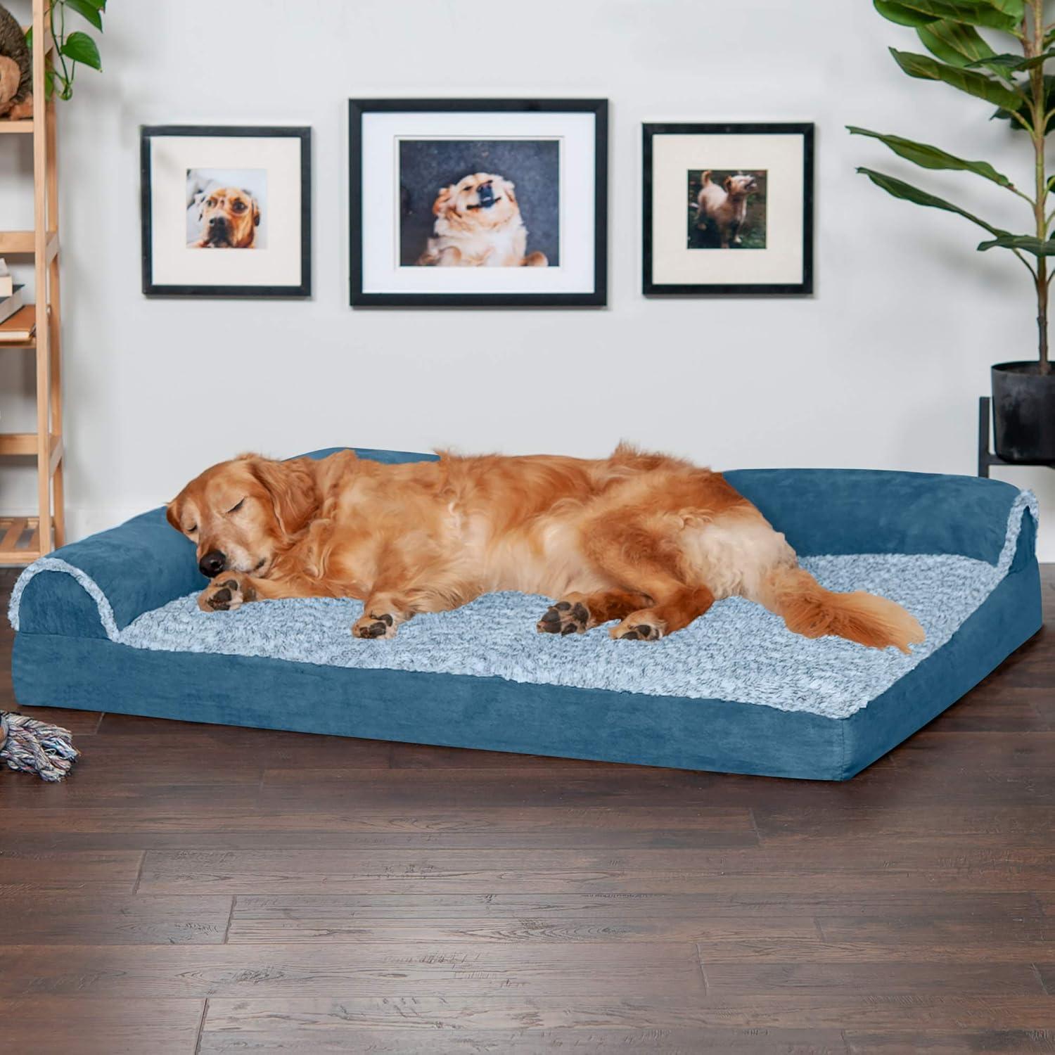 imageFurhaven Orthopedic Dog Bed for Large Dogs w Removable Bolsters ampamp Washable Cover For Dogs Up to 95 lbs Plush ampamp Velvet L Shaped Chaise Sable Brown JumboXLMarine Blue