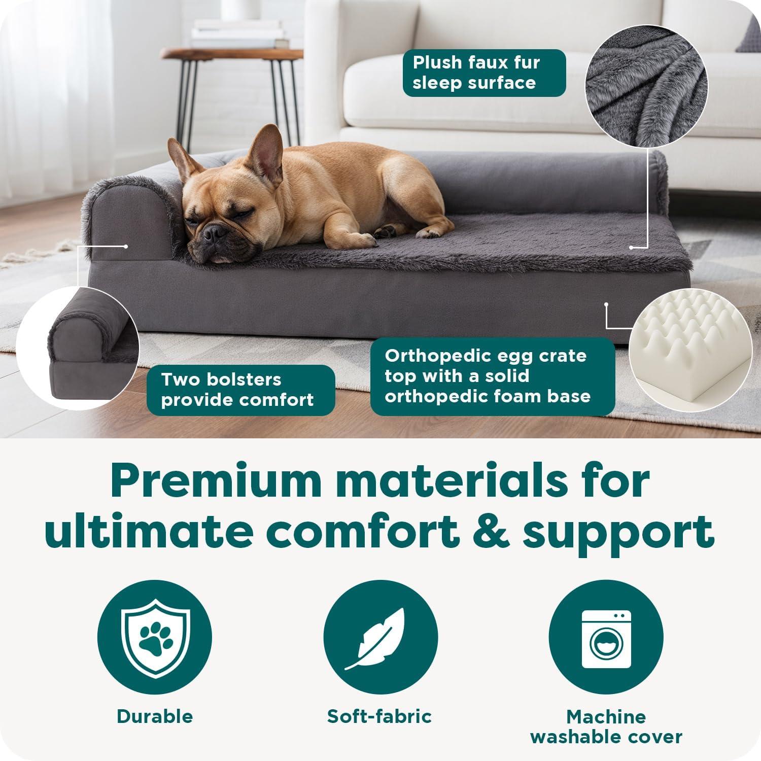 imageFurhaven Orthopedic Dog Bed for Large Dogs w Removable Bolsters ampamp Washable Cover For Dogs Up to 95 lbs Plush ampamp Velvet L Shaped Chaise Sable Brown JumboXLDeep Sapphire