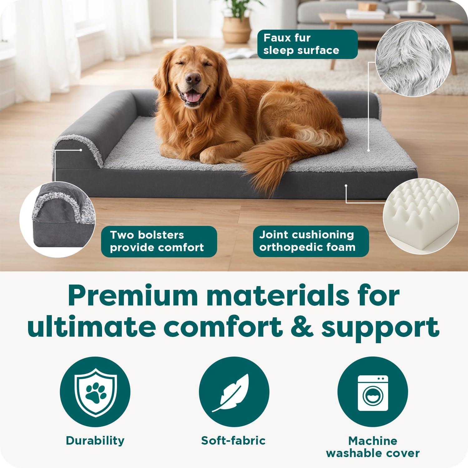 imageFurhaven Orthopedic Dog Bed for Large Dogs w Removable Bolsters ampamp Washable Cover For Dogs Up to 95 lbs Plush ampamp Velvet L Shaped Chaise Sable Brown JumboXLStone Gray
