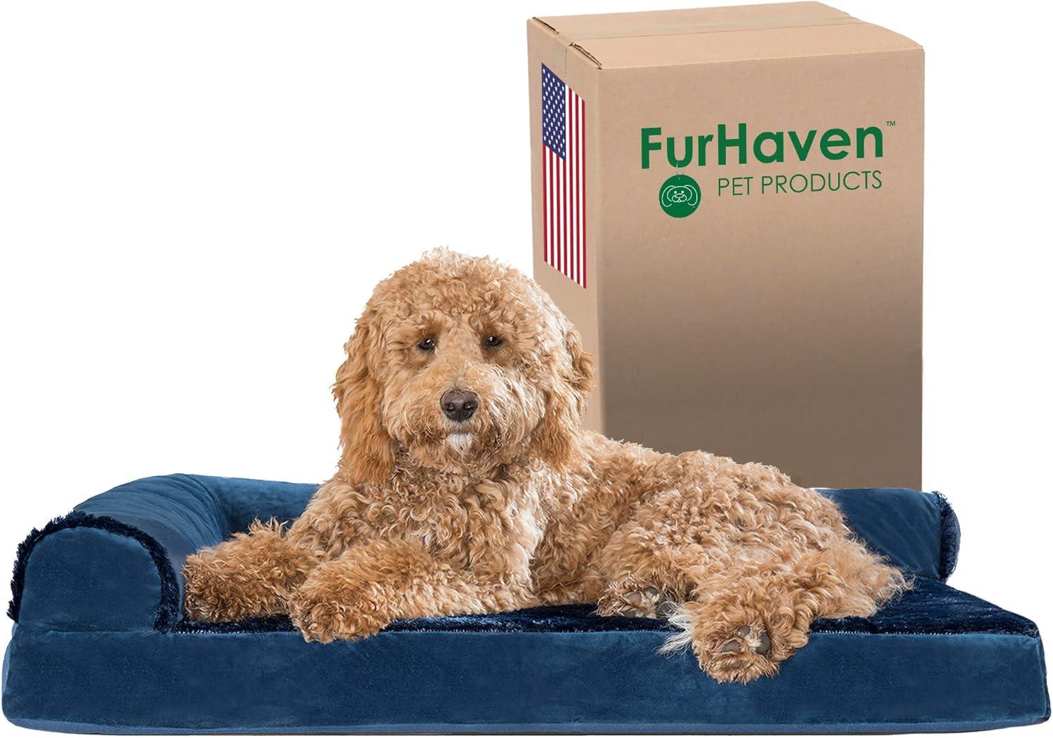 imageFurhaven Orthopedic Dog Bed for Large Dogs w Removable Bolsters ampamp Washable Cover For Dogs Up to 95 lbs Plush ampamp Velvet L Shaped Chaise Sable Brown JumboXLDeep Sapphire