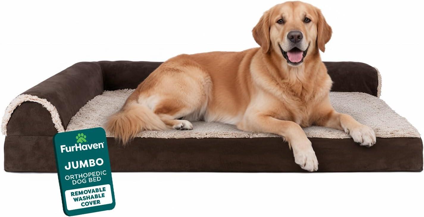 imageFurhaven Orthopedic Dog Bed for Large Dogs w Removable Bolsters ampamp Washable Cover For Dogs Up to 95 lbs Plush ampamp Velvet L Shaped Chaise Sable Brown JumboXLEspresso