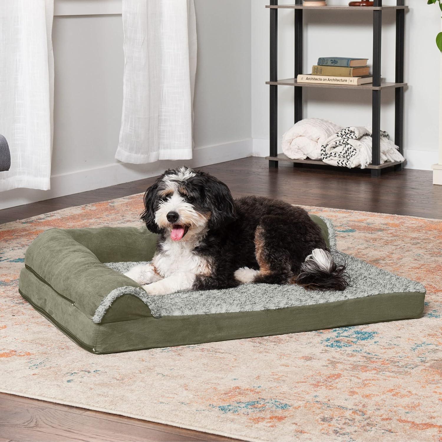 imageFurhaven Orthopedic Dog Bed for Large Dogs w Removable Bolsters ampamp Washable Cover For Dogs Up to 95 lbs Plush ampamp Velvet L Shaped Chaise Sable Brown JumboXLDark Sage