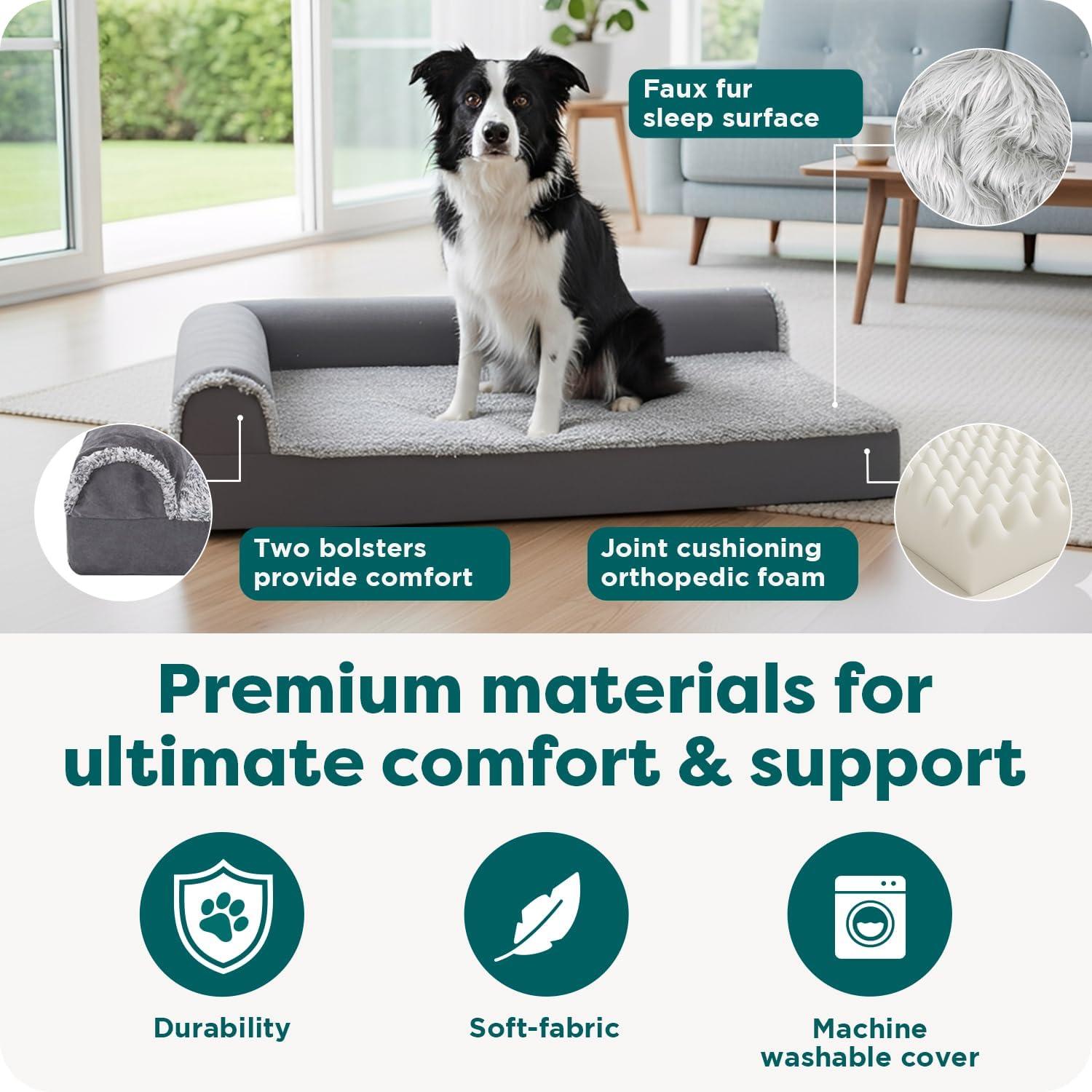 imageFurhaven Orthopedic Dog Bed for Large Dogs w Removable Bolsters ampamp Washable Cover For Dogs Up to 95 lbs Plush ampamp Velvet L Shaped Chaise Sable Brown JumboXLStone Gray